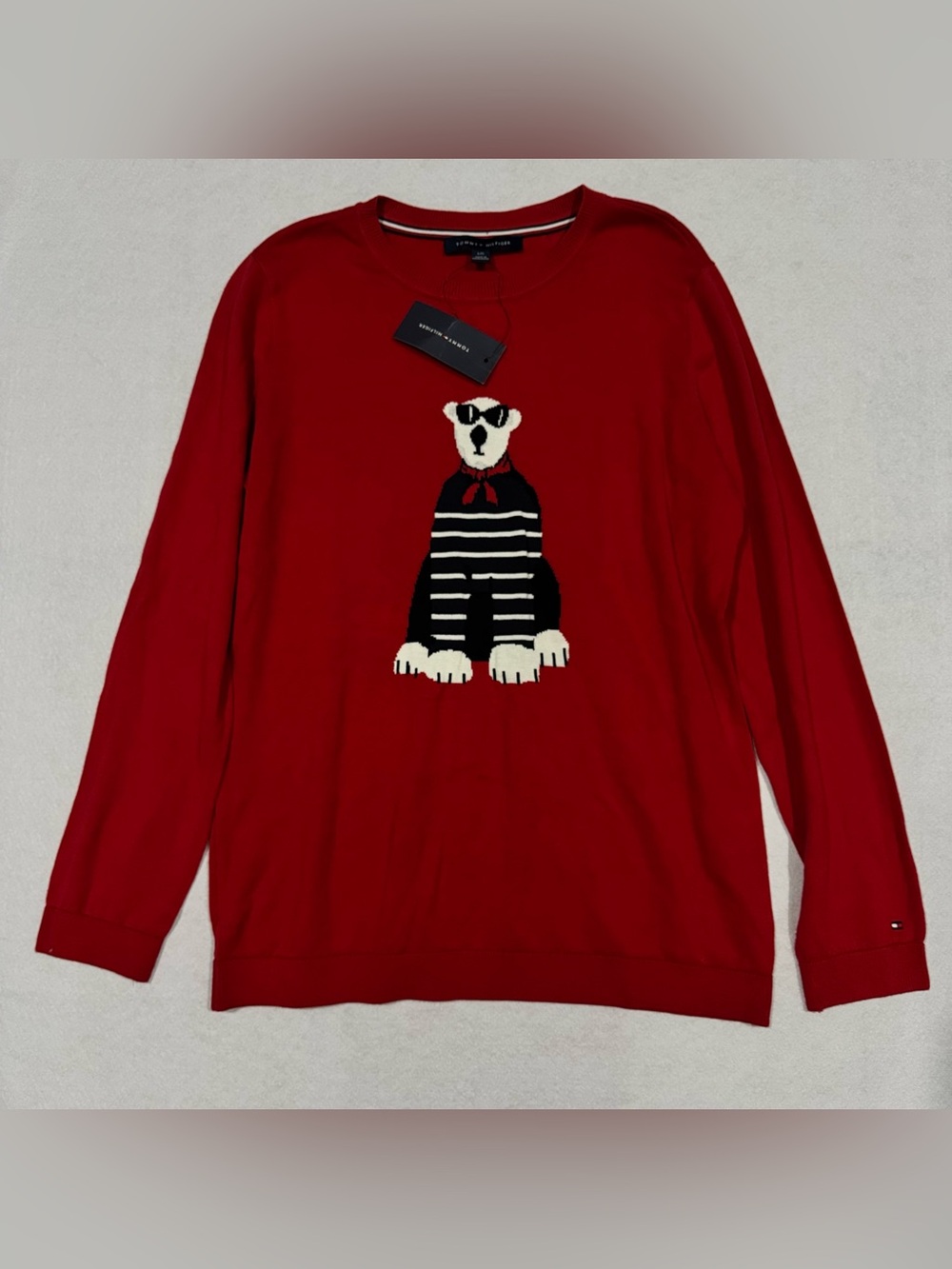 NWT Tommy Hilfiger Women's Red Knit Sweater with Bear Graphic L